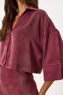 Kadın Kısa Kollu Lyocell (Tencel™) Saten Gömlek - Bordo