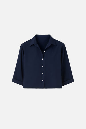 Kadın Kısa Kollu Yumuşak Dokulu Oversize Gömlek (CUPRO) - Lacivert