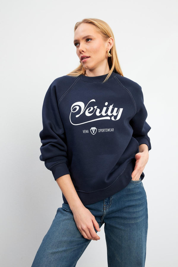 Kadın Kontrast Dikişli Lacivert Baskılı Sweatshirt