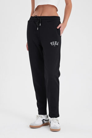 Kadın Logo Baskılı Regular Fit Pamuklu Eşofman Altı - Siyah