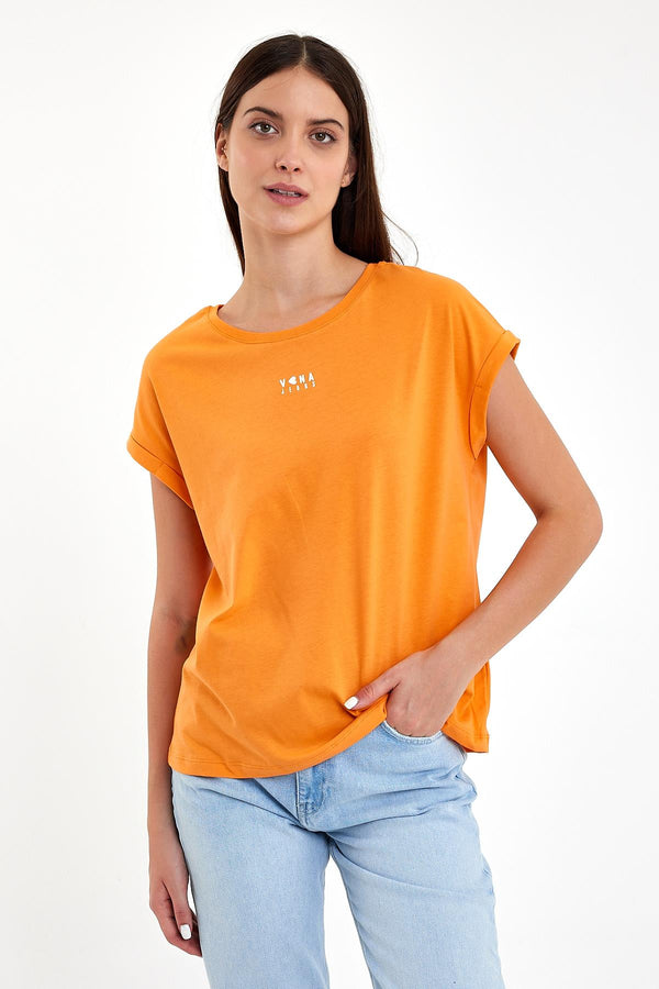Kadın Lovena Turuncu Logo Baskılı Bisiklet Yaka Regular Fit Tişört
