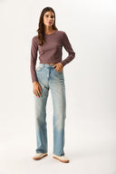 Kadın Maria Uzun Kollu Crop Tişört - Kahverengi