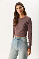 Kadın Maria Uzun Kollu Crop Tişört - Kahverengi