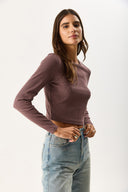 Kadın Maria Uzun Kollu Crop Tişört - Kahverengi