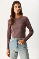 Kadın Maria Uzun Kollu Crop Tişört - Kahverengi