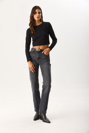 Kadın Maria Uzun Kollu Crop Tişört - Siyah