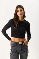 Kadın Maria Uzun Kollu Crop Tişört - Siyah
