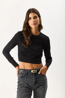 4lü Siyah Fildişi Kadın Maria Uzun Kollu Crop Tişört