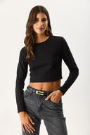Kadın Maria Uzun Kollu Crop Tişört - Siyah