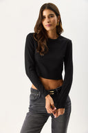 Kadın Maria Uzun Kollu Crop Tişört - Siyah