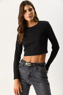 Kadın Maria Uzun Kollu Crop Tişört - Siyah