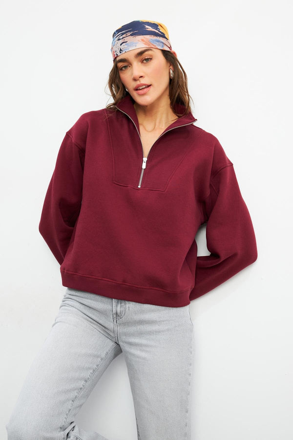 Kadın Marina Bordo Yarım Fermuarlı Pamuklu Sweatshirt