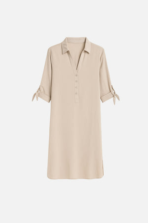 Kadın Marissa Önü Düğmeli Kısa Kollu Keten Elbise - Taş