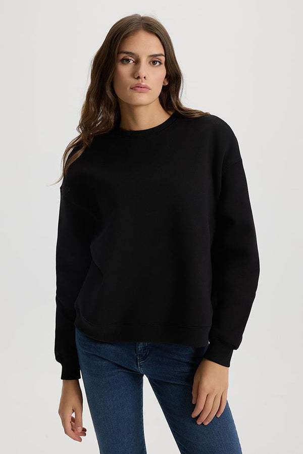 Mary Bisiklet Yaka Basic Şardonlu Sweatshirt - SİYAH