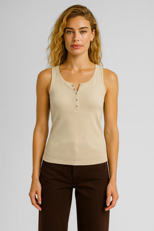 Kadın Matilda Düğme Detaylı Vücuda Oturan Atlet %100 Pamuk - Taş