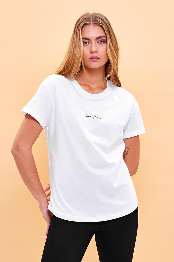 Kadın Mini Vena Logo Baskılı Beyaz Regular Fit Tişört