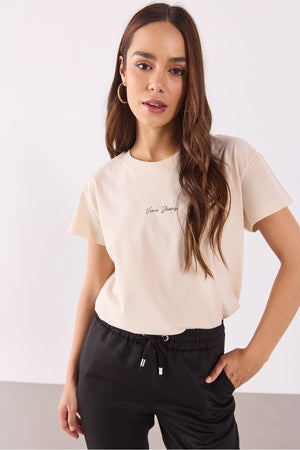 Mini Vena Logo Baskılı Regular Fit Tişört-Bej
