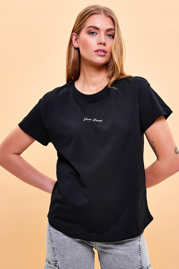 Kadın Mini Vena Logo Baskılı Siyah Regular Fit Tişört