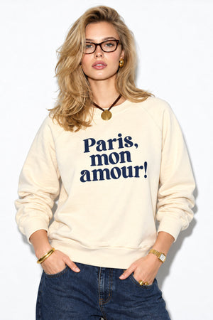 Kadın Mon Amour Baskılı Sweatshirt %100 Pamuk-Kemik