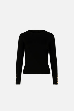 Kadın Mona Bisiklet Yaka Kolu Düğmeli Triko Kazak - Siyah