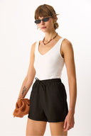 Kadın Nikki Beli Lastikli Şort %100 Keten - Siyah