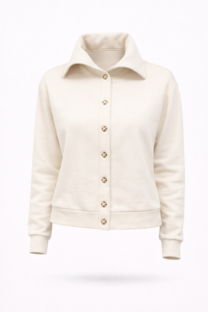 Kadın Önden Düğmeli Sweatshirt %100 Pamuk - Kemik