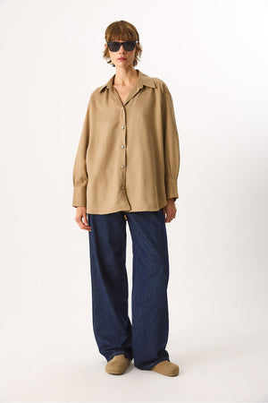 Kadın Oversize Lyocell Gömlek %100 Lyocell - Taş