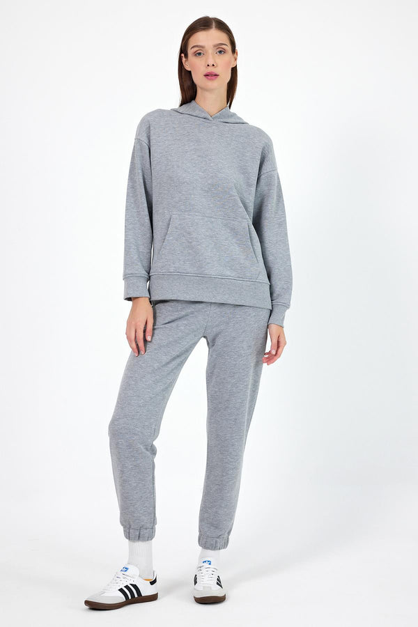 Kadın Paçası Lastikli Gri Melanj Regular Fit Basic Eşofman Altı