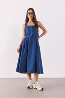 Kadın Pilili Kloş Lyocell (Tencel™) Dark Blue Midi Boy Jean Etek - Dark Blue