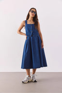 Kadın Pilili Kloş Lyocell (Tencel™) Dark Blue Midi Boy Jean Etek - Dark Blue