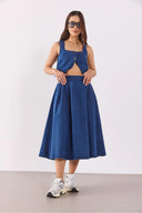 Kadın Pilili Kloş Lyocell (Tencel™) Dark Blue Midi Boy Jean Etek - Dark Blue