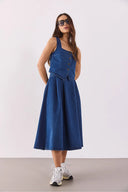 Kadın Pilili Kloş Lyocell (Tencel™) Dark Blue Midi Boy Jean Etek - Dark Blue