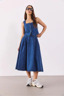 Kadın Pilili Kloş Lyocell (Tencel™) Dark Blue Midi Boy Jean Etek - Dark Blue