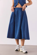 Kadın Pilili Kloş Lyocell (Tencel™) Dark Blue Midi Boy Jean Etek - Dark Blue