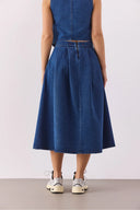 Kadın Pilili Kloş Lyocell (Tencel™) Dark Blue Midi Boy Jean Etek - Dark Blue