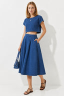 Kadın Pilili Kloş Lyocell (Tencel™) Dark Blue Midi Boy Jean Etek - Dark Blue