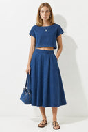 Kadın Pilili Kloş Lyocell (Tencel™) Dark Blue Midi Boy Jean Etek - Dark Blue