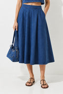 Kadın Pilili Kloş Lyocell (Tencel™) Dark Blue Midi Boy Jean Etek - Dark Blue