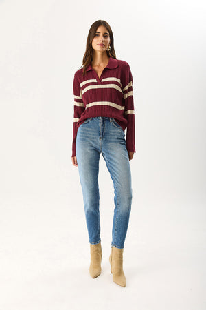 Kadın Polo Yakalı Çizgili Triko - Bordo Bej Çizgili