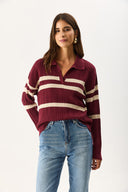 Kadın Polo Yakalı Çizgili Triko - Bordo Bej Çizgili