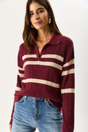 Kadın Polo Yakalı Çizgili Triko - Bordo Bej Çizgili
