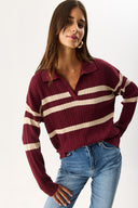 Kadın Polo Yakalı Çizgili Triko - Bordo Bej Çizgili