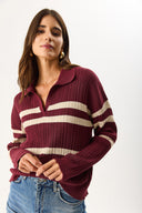 Kadın Polo Yakalı Çizgili Triko - Bordo Bej Çizgili
