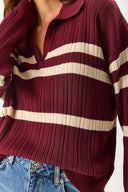 Kadın Polo Yakalı Çizgili Triko - Bordo Bej Çizgili