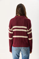 Kadın Polo Yakalı Çizgili Triko - Bordo Bej Çizgili