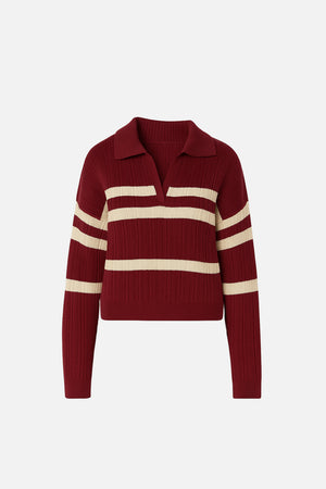 Kadın Polo Yakalı Çizgili Triko - Bordo Bej Çizgili