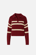 Kadın Polo Yakalı Çizgili Triko - Bordo Bej Çizgili