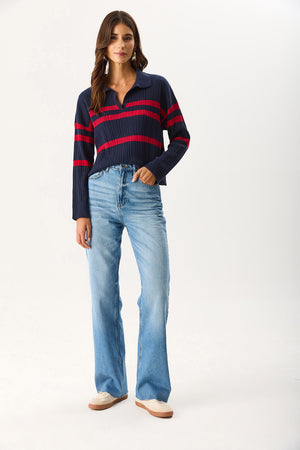 Kadın Polo Yakalı Çizgili Triko - Lacivert Kırmızı Çizgili