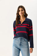 Kadın Polo Yakalı Çizgili Triko - Lacivert Kırmızı Çizgili