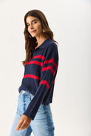 Kadın Polo Yakalı Çizgili Triko - Lacivert Kırmızı Çizgili